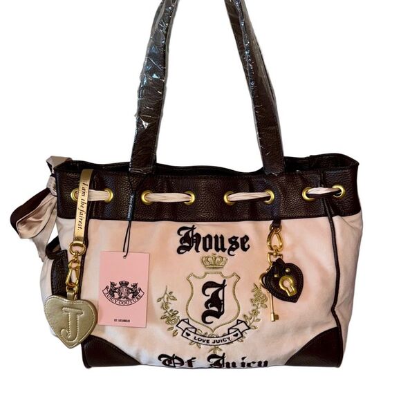 Juicy Couture Pink Velour Brown Faux Leather House of Juicy Daydreamer Tote Bag - Picture 2 of 15